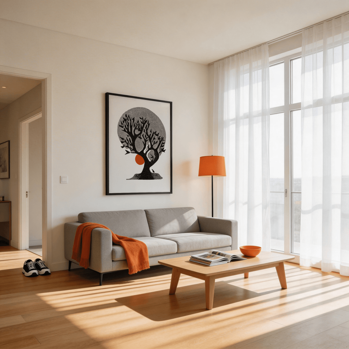 Indian Tree Art Print poster showing black tree silhouette and dotted circle