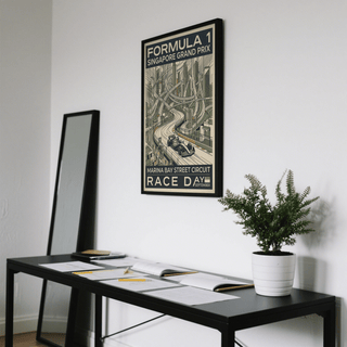 Presented as a vertical race-day graphic, Singapore Grand Prix Print poster with circuit lines, skyline blocks, and bold title banner