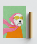Funny Pet Poster art print, white dog wearing yellow goggles, green background for study