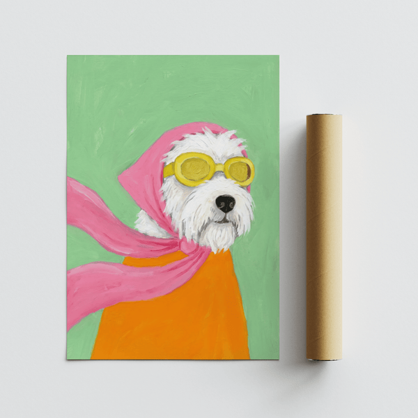 Funny Pet Poster art print, white dog wearing yellow goggles, green background for study