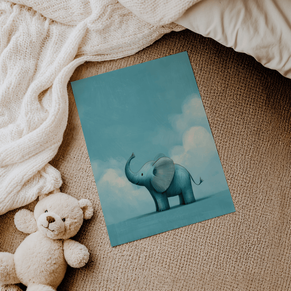 Whimsical wall art, Nursery Animal Poster blue elephant for baby room