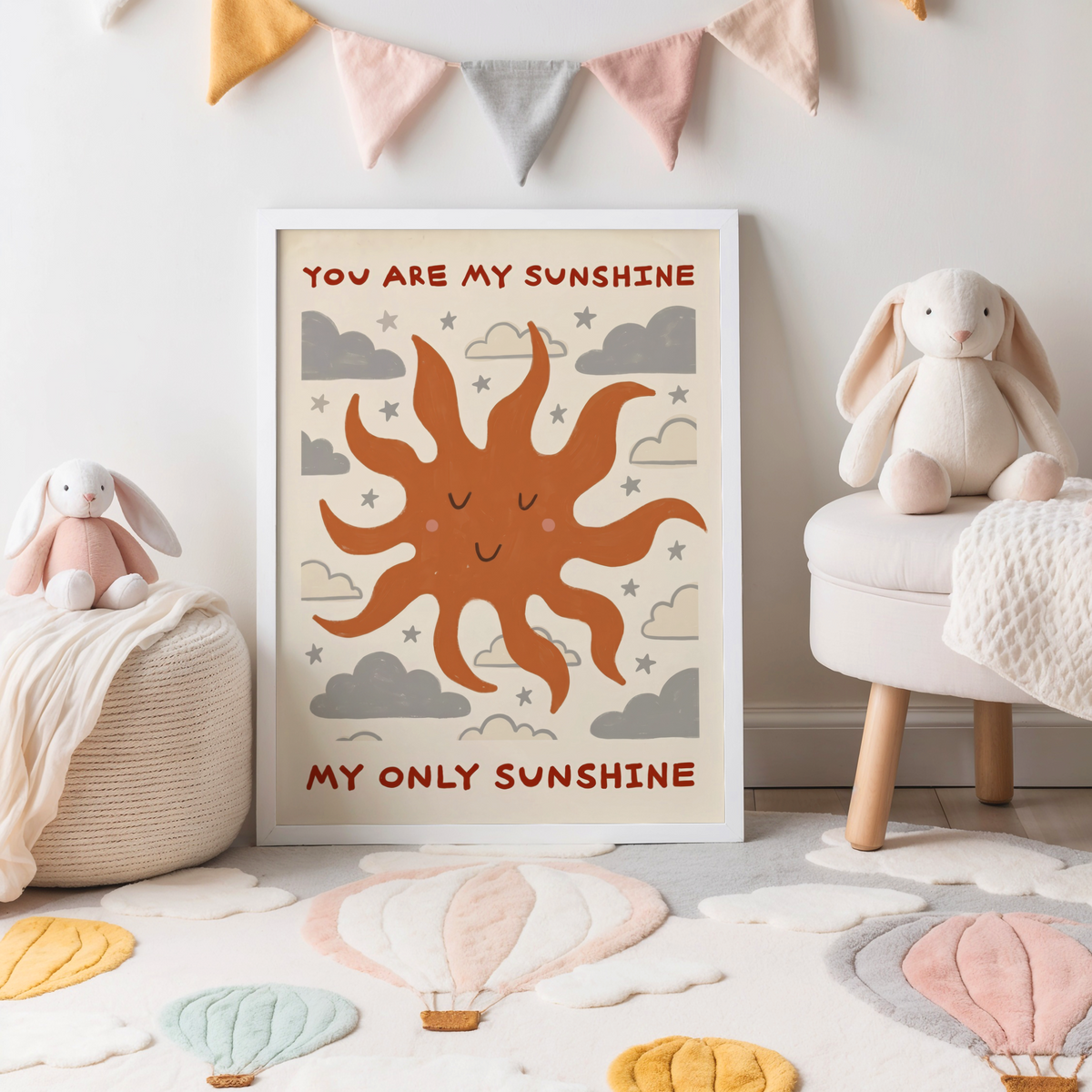 Folk-naive Sunshine Quote Wall Art featuring cloud shapes around a central sun illustration