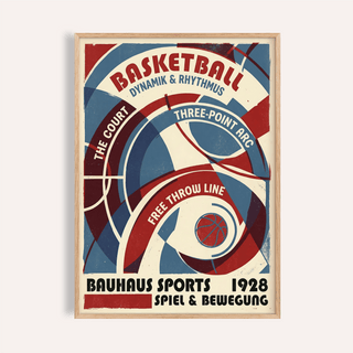 Bauhaus Basketball Art Print with concentric red and blue arcs and small ball symbol