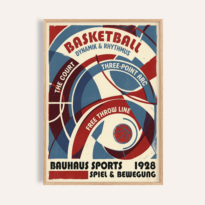Bauhaus Basketball Art Print with concentric red and blue arcs and small ball symbol