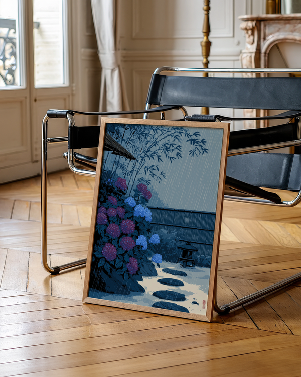 Close-up of Japanese Rain Print wall art with hydrangea blossoms and layered leaves in the foreground