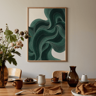 Artistic Green Wavy Poster for lounge, with main colors green and beige