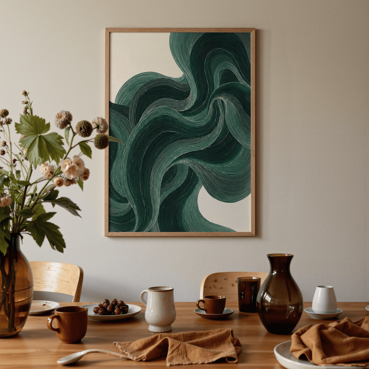Artistic Green Wavy Poster for lounge, with main colors green and beige