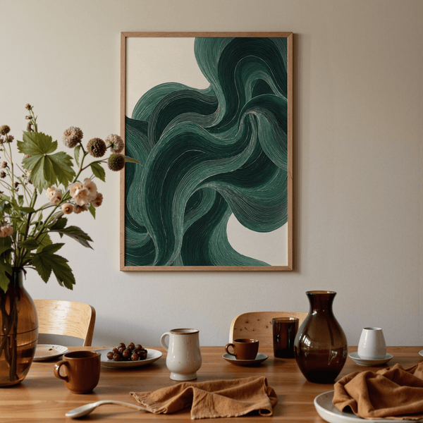 Artistic Green Wavy Poster for lounge, with main colors green and beige