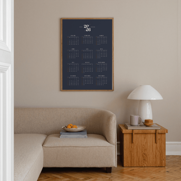 Minimalist Calendar print featuring Blue and White tones for bedroom