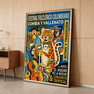 Graphic Colombian Music Art Print featuring cumbia festival typography and illustrated instruments