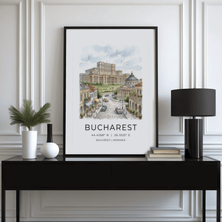 Vintage cars parked along historic Bucharest street under clear morning sky artwork