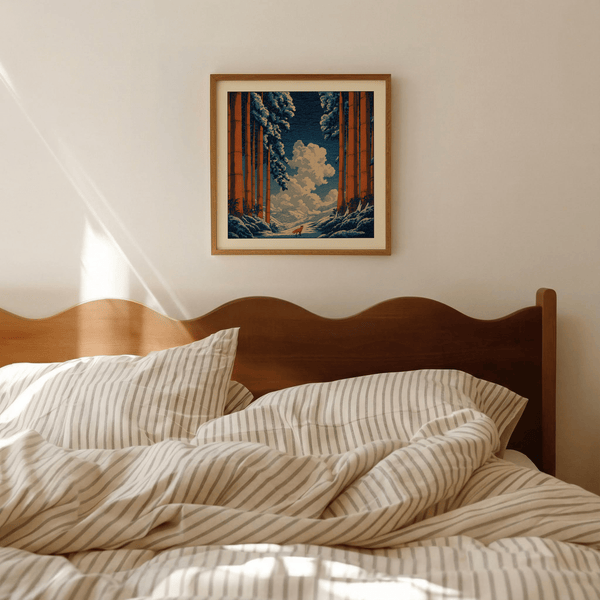 Gallery mockup featuring Hasui Kawase snowy forest art print square format