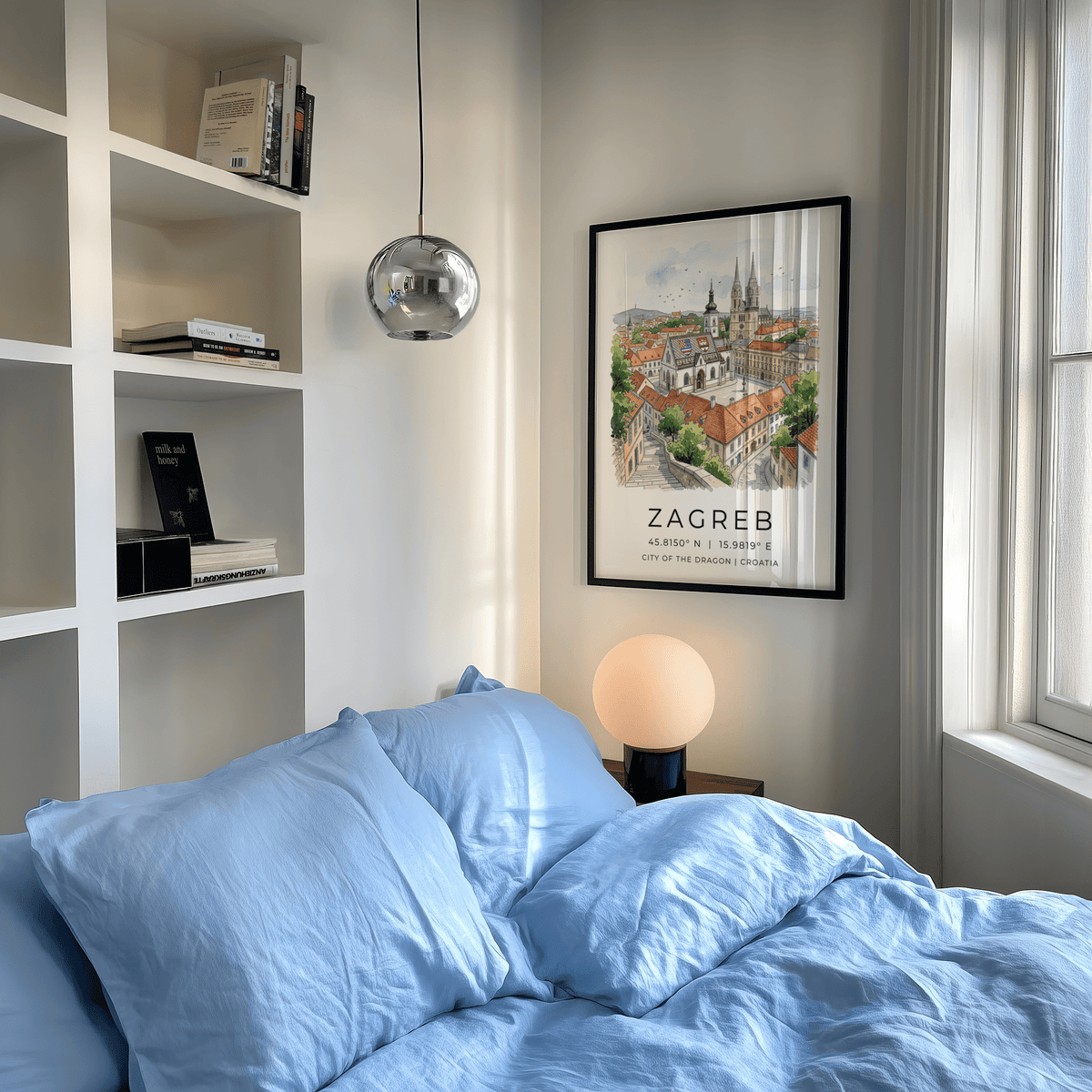 City poster print with bold ZAGREB typography and Croatia location text beneath the illustration