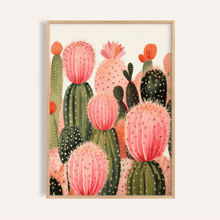 Pink Cactus Print with green and orange for living room poster