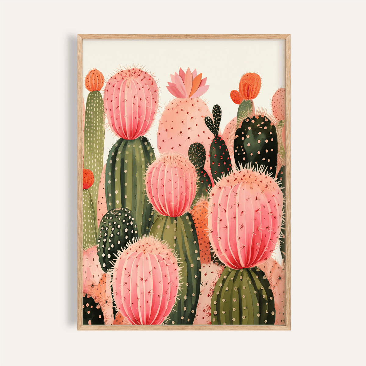 Pink Cactus Print with green and orange for living room poster