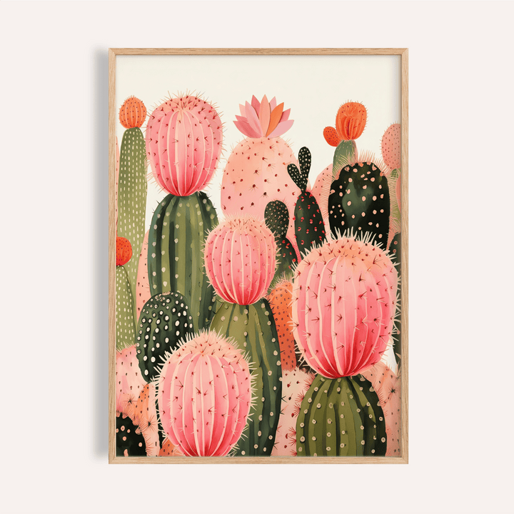 Pink Cactus Print with green and orange for living room poster