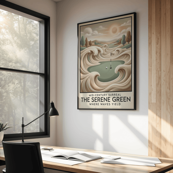 Graphic landscape wall art with rounded trees, distant hills, and a central golf green