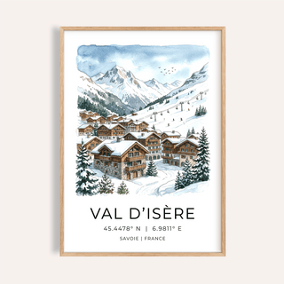 Watercolor ski village poster with snowy chalets and mountains wall art