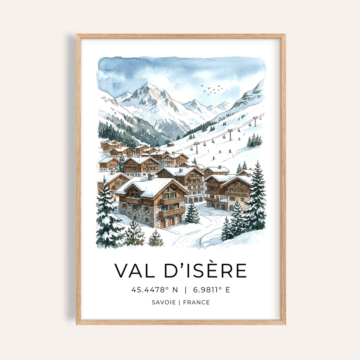 Watercolor ski village poster with snowy chalets and mountains wall art