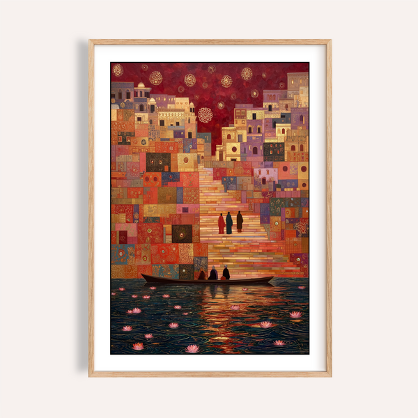 Varanasi Art Print poster showing tiered ghats and a moored boat on the river