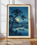 Japanese woodblock–style landscape print with moon, river bends, and distant hills