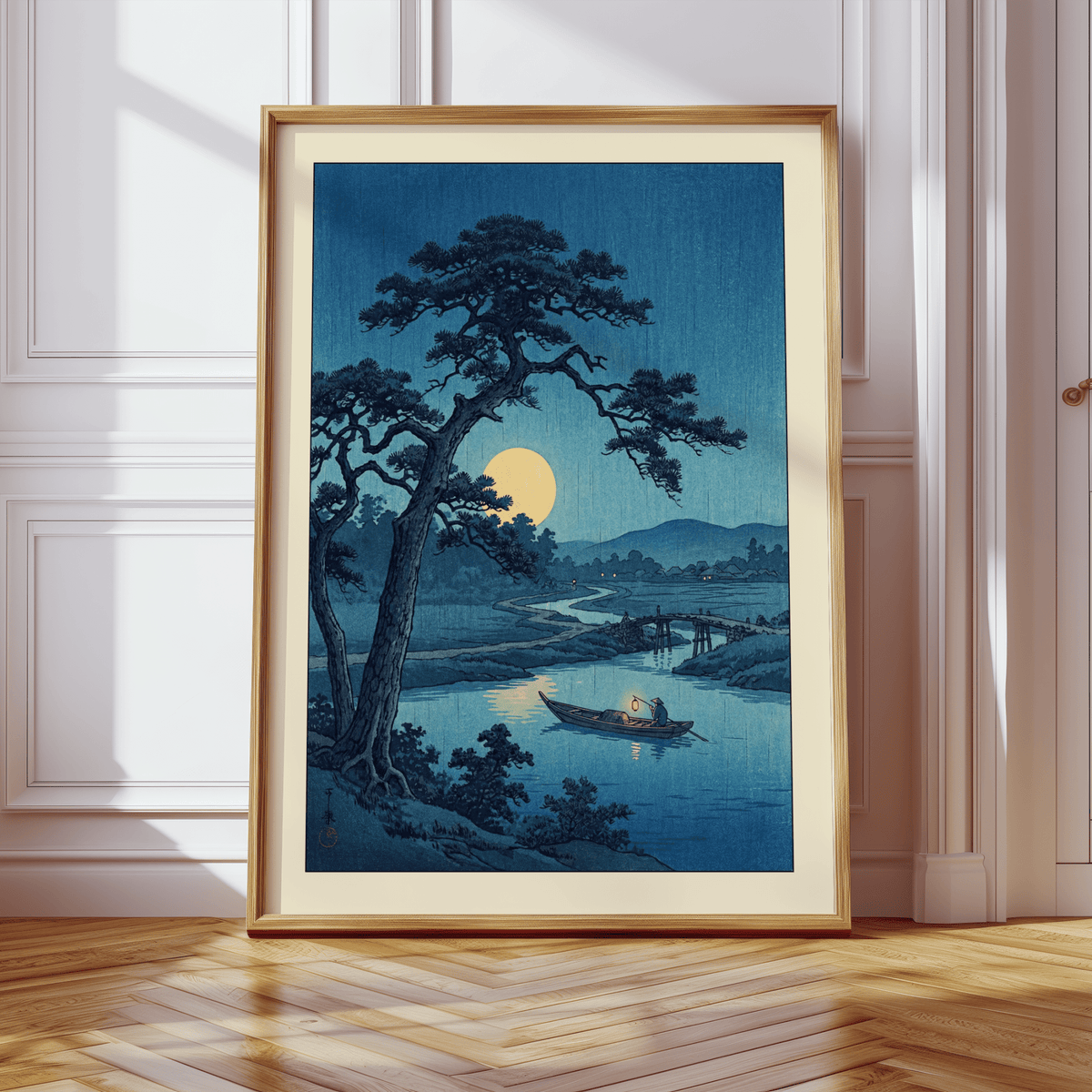 Japanese woodblock–style landscape print with moon, river bends, and distant hills