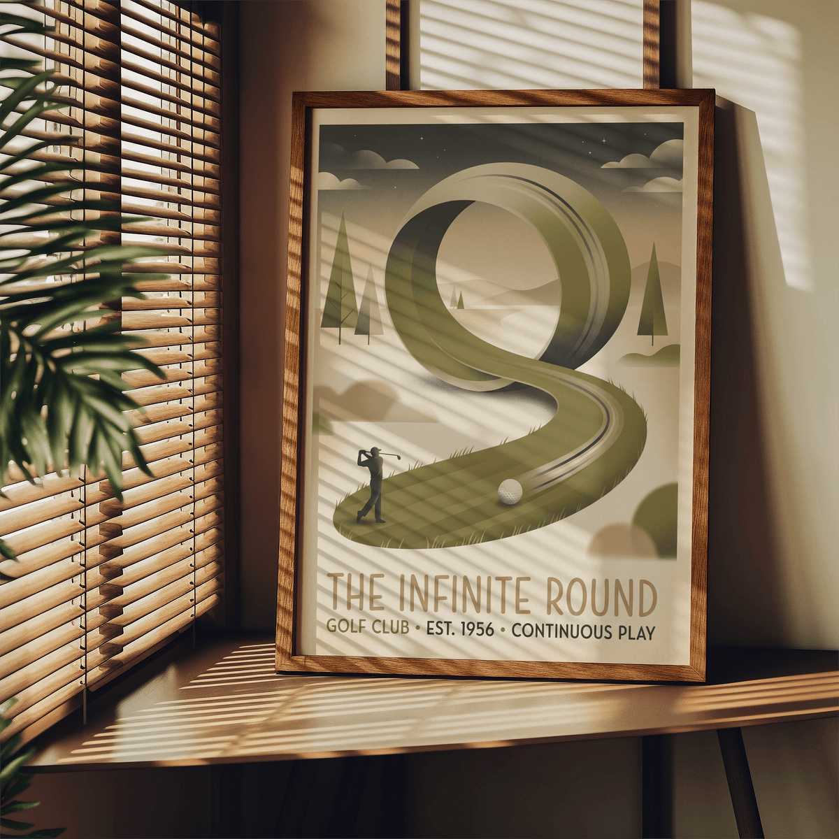 Angled view of the Golf Club Art Print highlighting the ring-shaped fairway