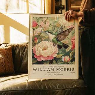 Hummingbird prints vintage style with green bird and soft pink peonies in botanical setting.