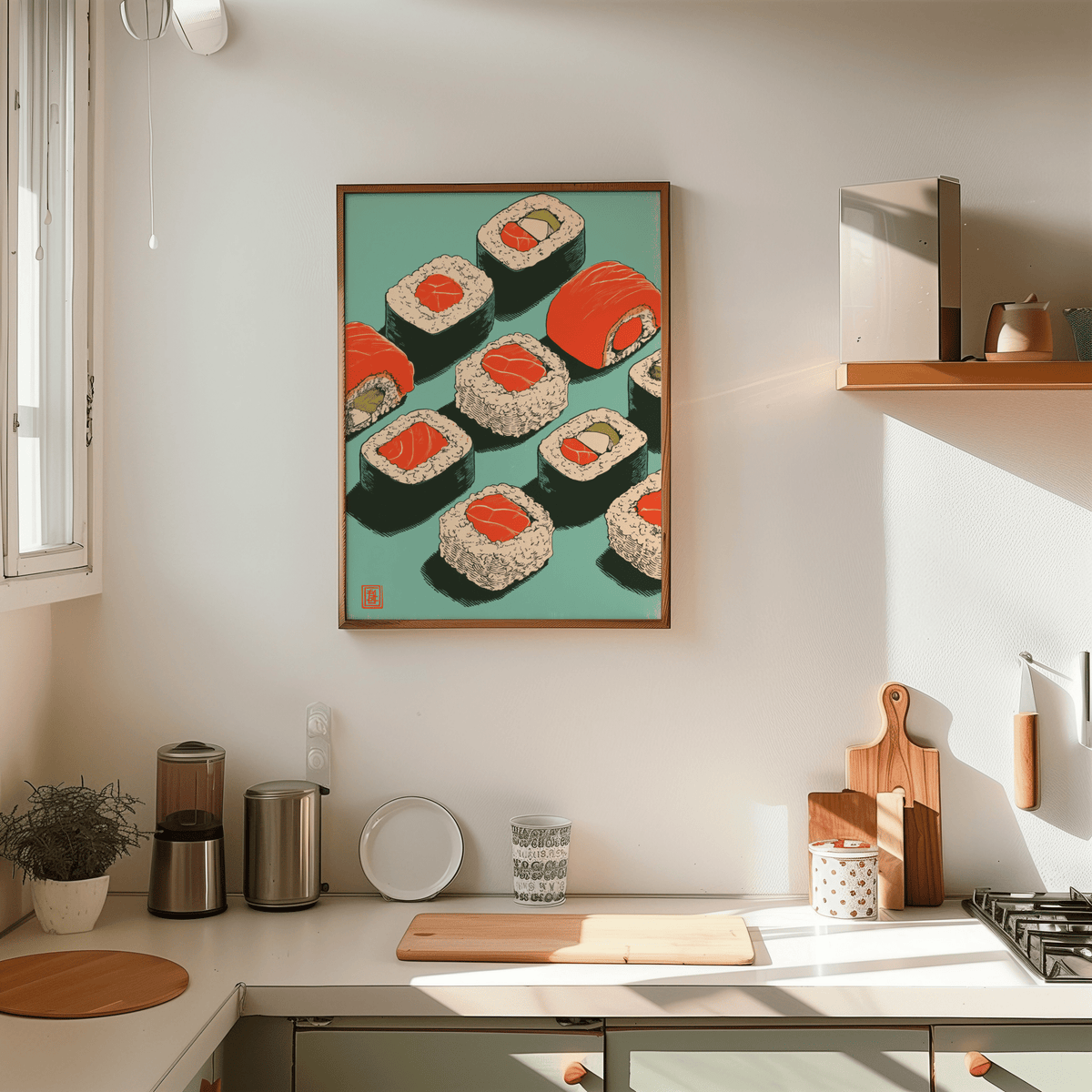 Dining room Sushi Art Print, main colors Red, Green, Blue