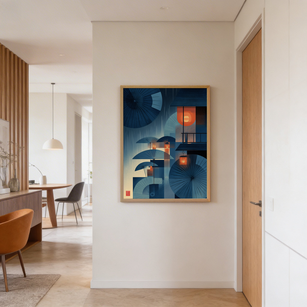 Vertical rain pattern wall art print with overlapping umbrellas in a graphic style