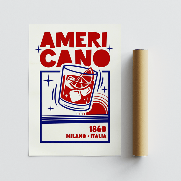 Pop art Americano Cocktail Print, Red and Blue, dining wall art