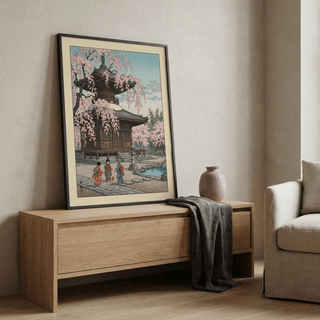 Garden pond corner on Japanese Cherry Blossom Art Print poster with rocks and a stone lantern