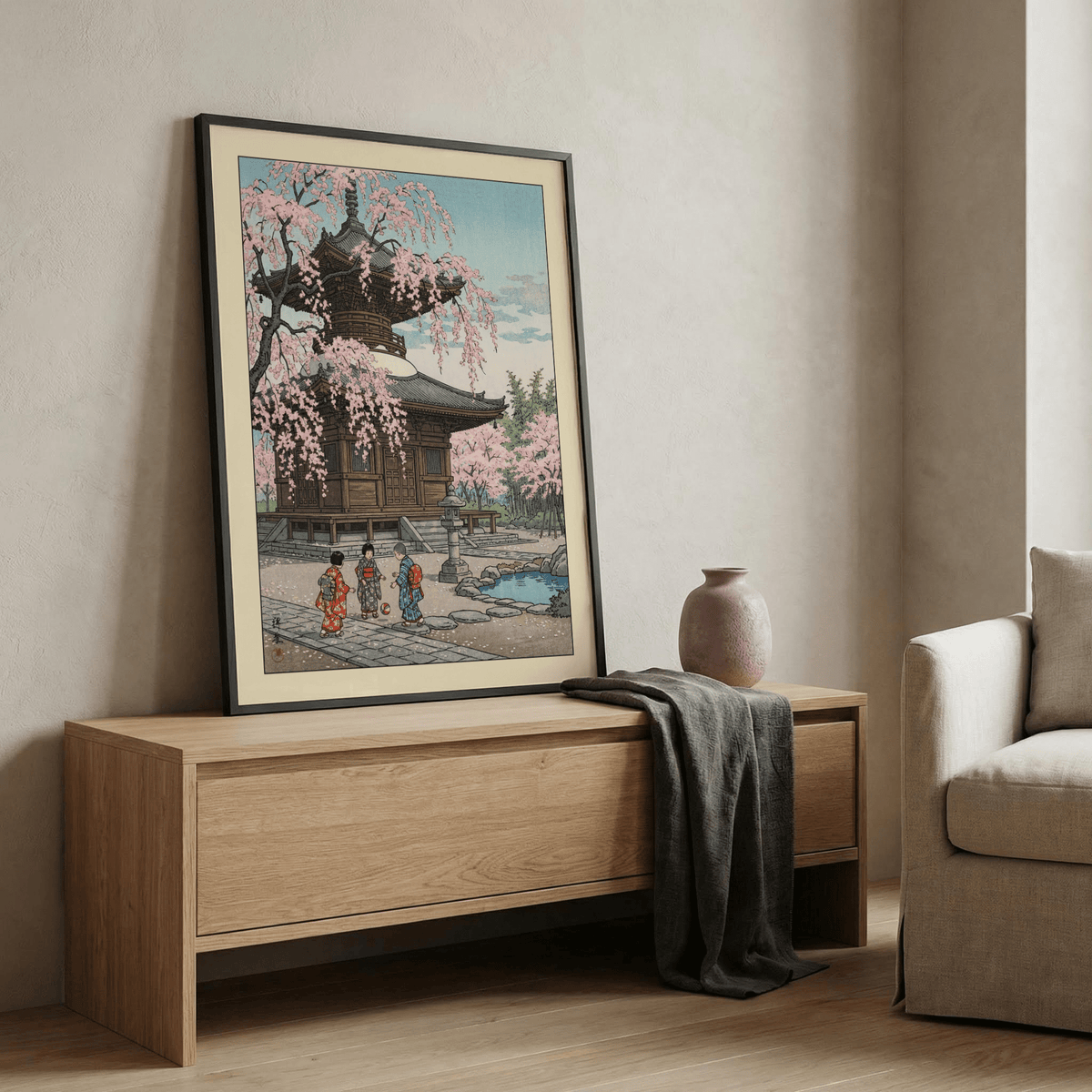 Garden pond corner on Japanese Cherry Blossom Art Print poster with rocks and a stone lantern