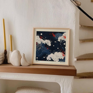 Modern Japanese art featuring wave and cloud movement in navy tones