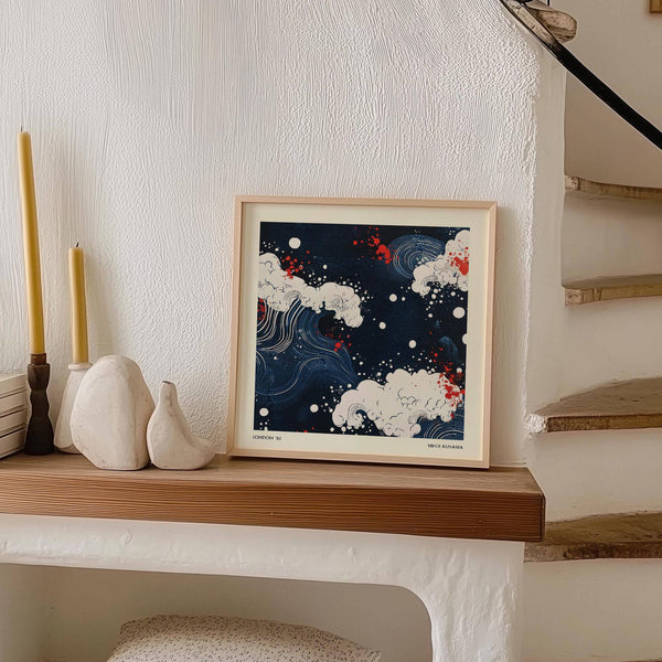 Modern Japanese art featuring wave and cloud movement in navy tones