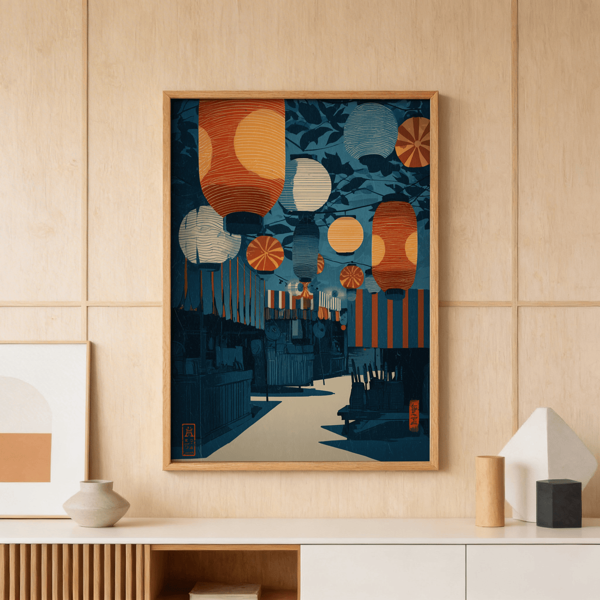 Graphic night market wall art showing lanterns suspended over a narrow walkway
