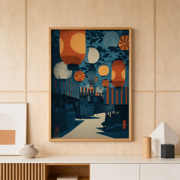 Graphic night market wall art showing lanterns suspended over a narrow walkway