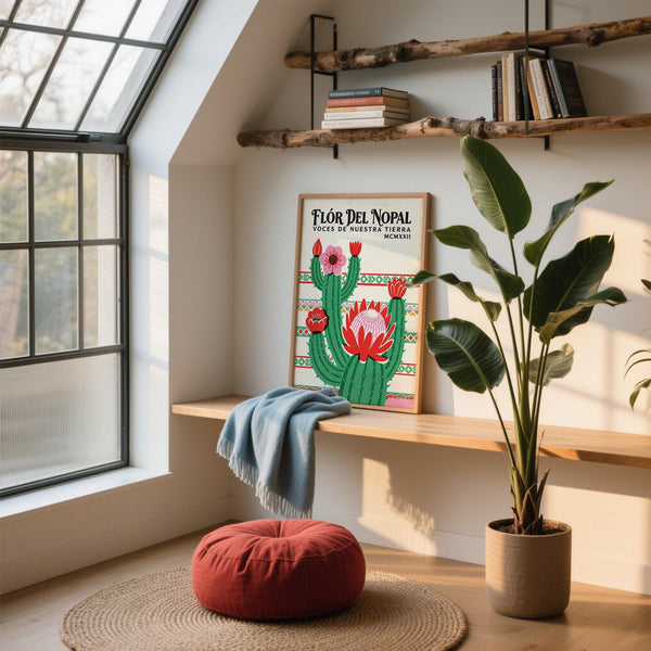 Retro Mexico wall poster with cactus and vibrant blossoms.