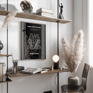 Inspiring wall decor featuring the words Plan, Focus, Create, Refine, Deliver.