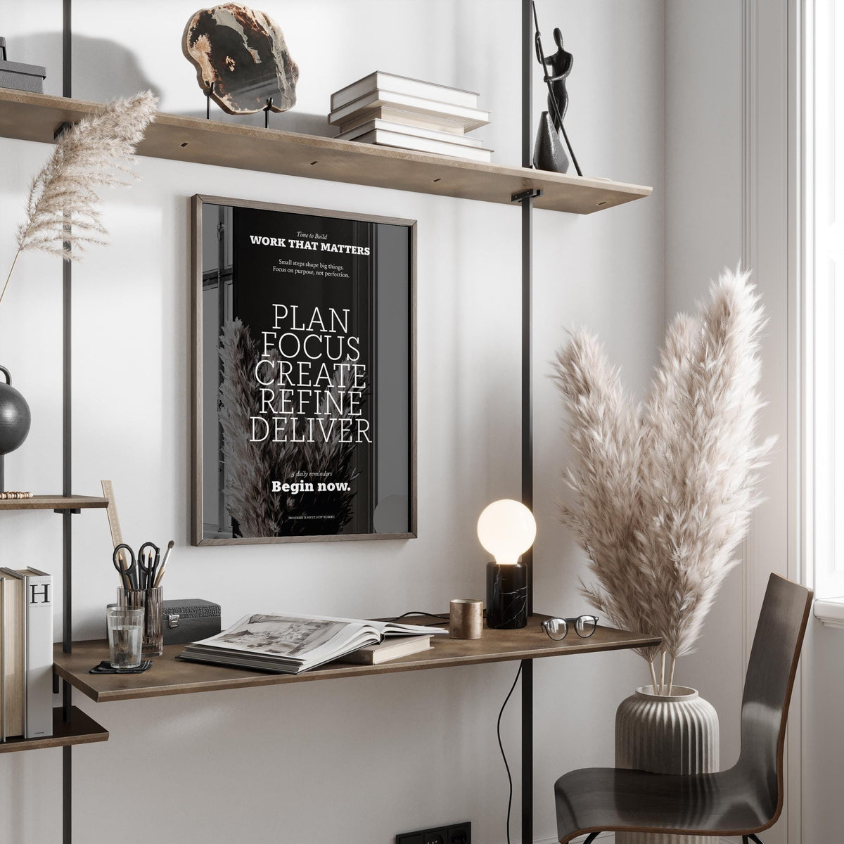 Inspiring wall decor featuring the words Plan, Focus, Create, Refine, Deliver.