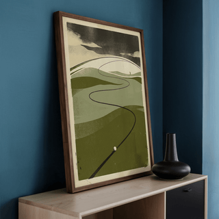 Textured landscape wall art with curved fairway line and distant figure