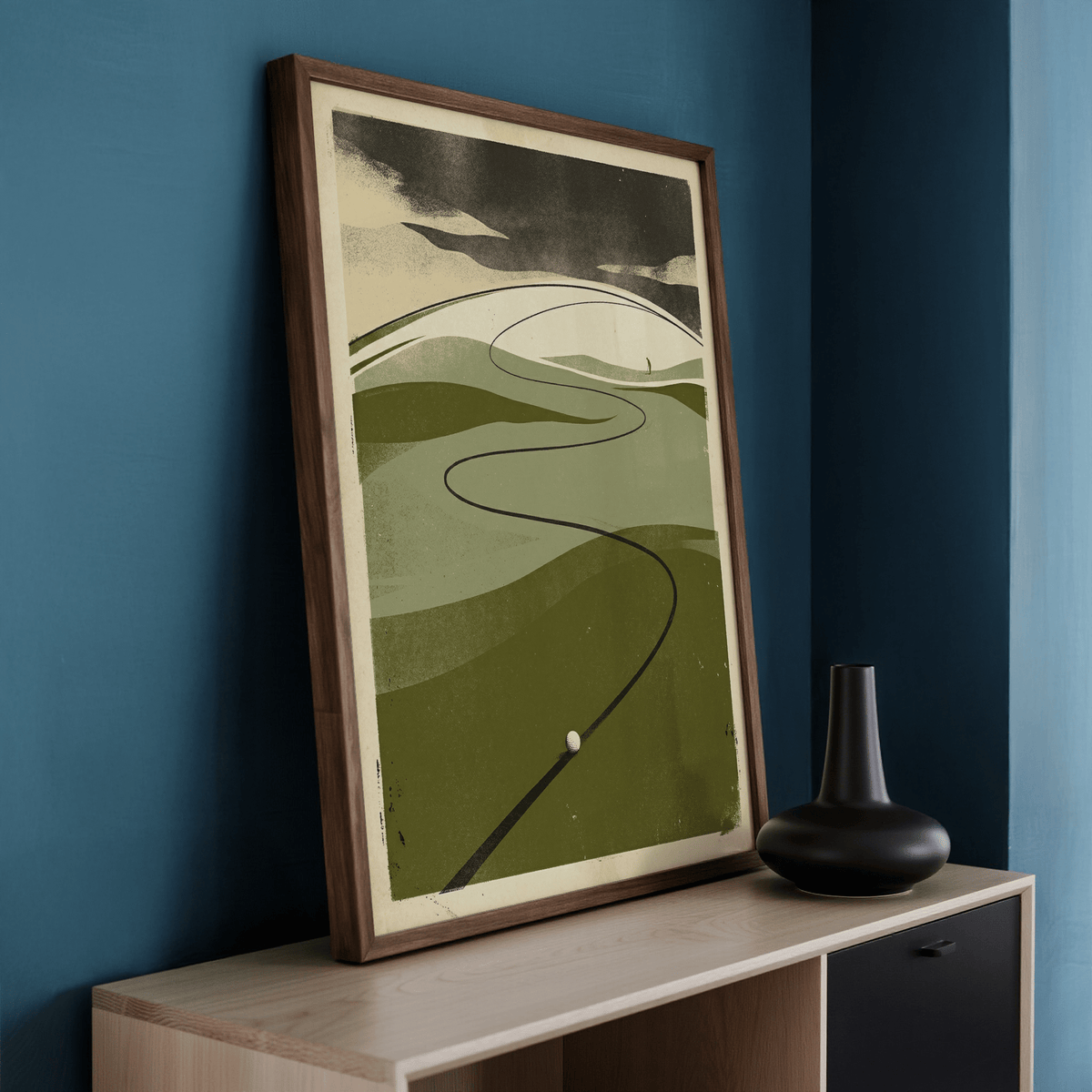 Textured landscape wall art with curved fairway line and distant figure