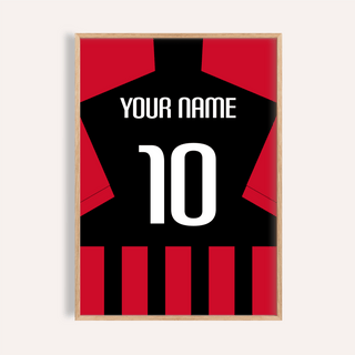 Close-up of football shirt poster in black and red stripes with custom name and number 10 in a simple frame