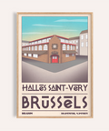 Angled illustration poster of Halles Saint-Very building in Brussels wall art