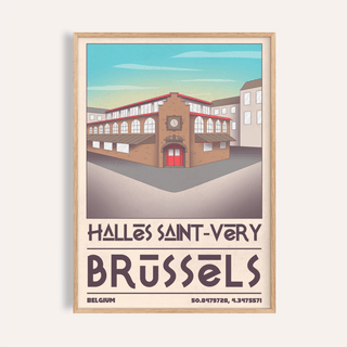 Angled illustration poster of Halles Saint-Very building in Brussels wall art