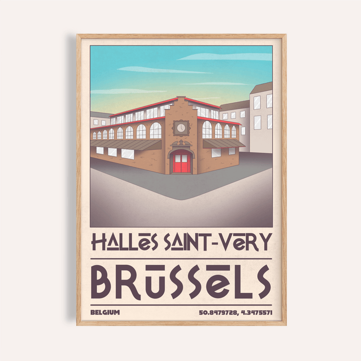 Angled illustration poster of Halles Saint-Very building in Brussels wall art