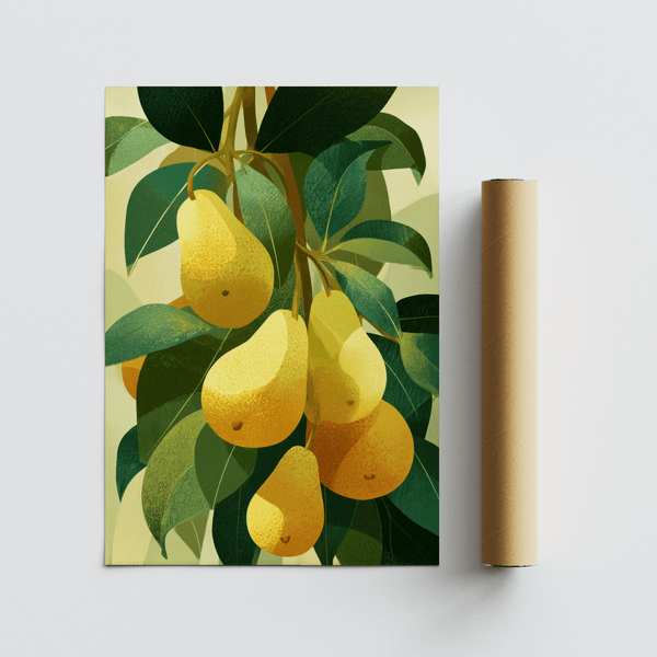 Pear Wall Art for kitchen with yellow pears and brown stems