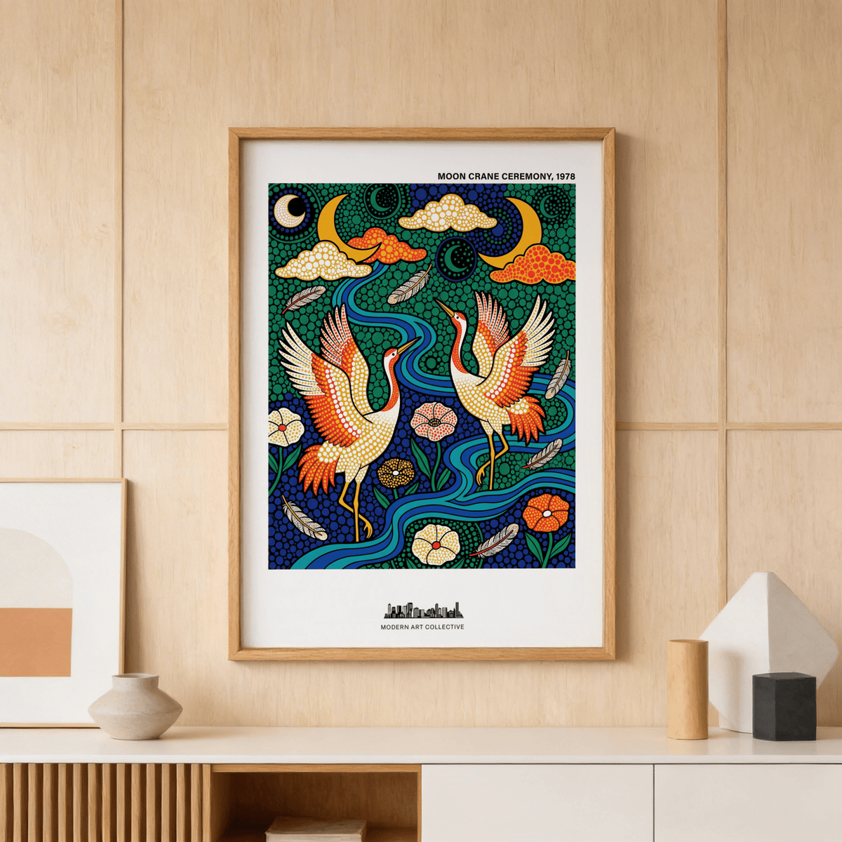 Showcasing a Colorful Crane Poster with two birds, crescent moons, clouds, and patterned dots