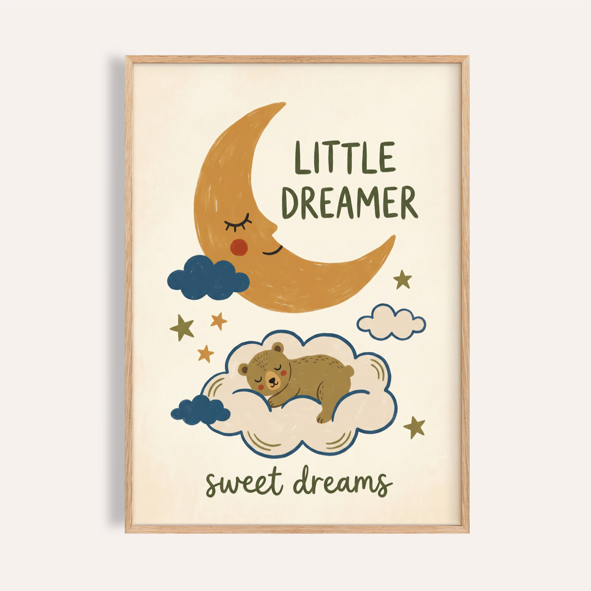 Above the crib, Little Dreamer Wall Art poster with crescent moon, clouds, stars, and sleeping bear