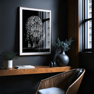 Wildlife photography poster of a leopard with detailed spots and an intense gaze